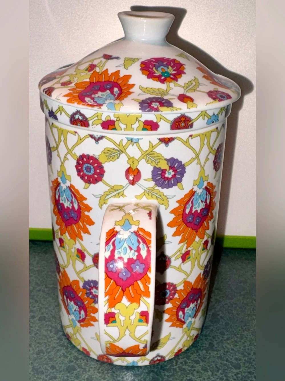 World Market 3 Piece Floral Tea Ceramic Mug/Cup w/Infuser and Lid